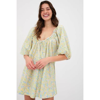 Green Floral Half Sleeve Frilled U Neck A-line Short Dress