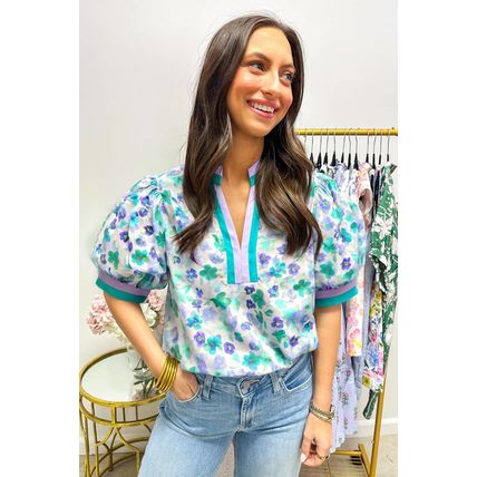 Green Floral Print Striped Trim Split V Neck Puff Short Sleeve Blouse