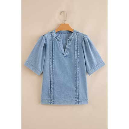 Myosotis Pintuck Pleats Puff Sleeve Split V Neck Summer Denim Top