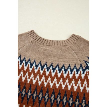 Khaki Aztec Print Colorblock Crew Neck Sweater