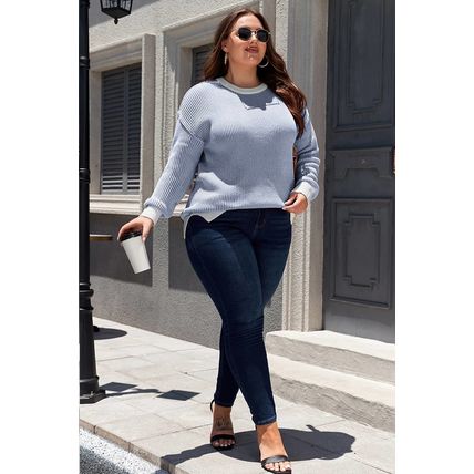 Blue Stripe Plus Size Contrast Trim Crew Neck Rib Knit Drop Shoulder Sweater