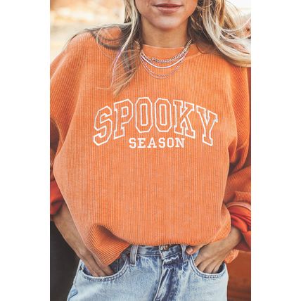 Orange SPOOKY SEASON Embroidered Letter Graphic Twisted Ribbed Sweatshirt