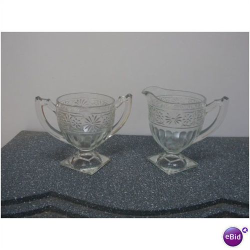 Vintage Flower Cut Glass Creamer & Sugar Bowl Set