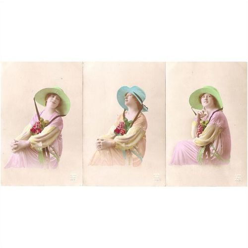 3 CARTES POSTALES - MODE - FEMME A CHAPEAU - REF 17