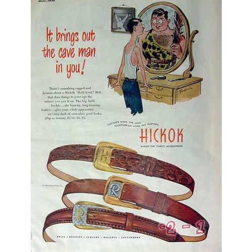 HICKOK MANUFACTURING 1949 bold look belt brings cave man vintage ad