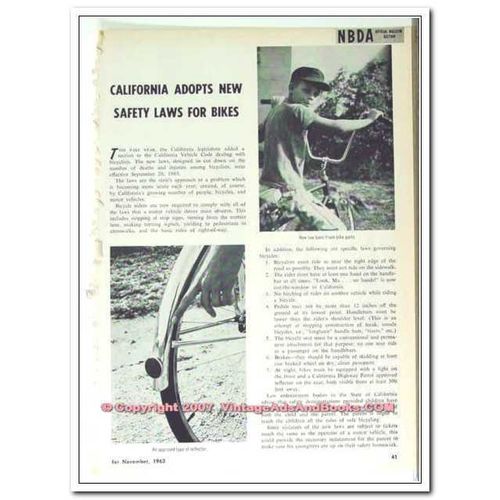 CALIFORNIA SAFETY LAWS FOR BIKES 1963 bicycle vintage article
