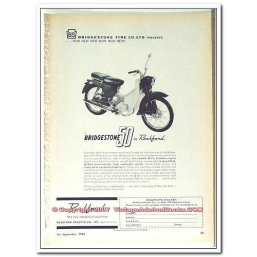 BRIDGESTONE TIRE CO 1963 Rockford Scooter 50 motorcycle vintage ad