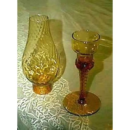 AMBER SPARKLING LARGE GOBLET BRANDY SNIFTER GLASS & 2 PIECE TAPER CANDLE HOLDER