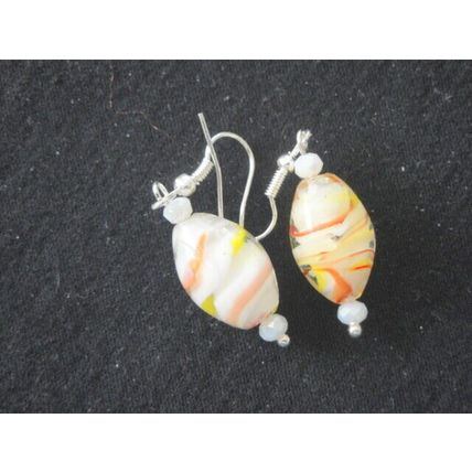 Beautiful hand blown white red yellow glass oval dangle earrings