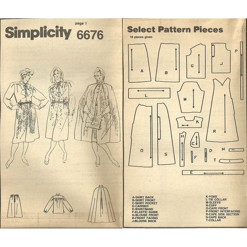 Simplicity 6676 Sewing Pattern Misses' Skirt Blouse Unlined Cape Size 18 Eur 46
