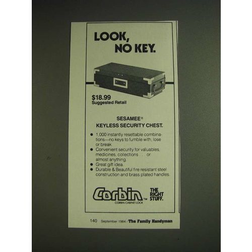 1984 Corbin Sesamee Keyless Security Chest Ad - Look, no key