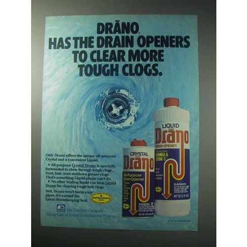 1985 Drano Drain Opener Ad - Clear More Tough Clogs