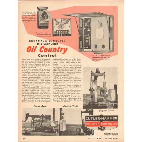 CUTLER-HAMMER INC 1953 genuine oil country control pumping vintage ad