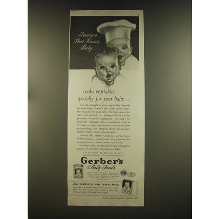 1939 Gerber's Baby Food Ad - America's best known baby.. Cooks vegetables