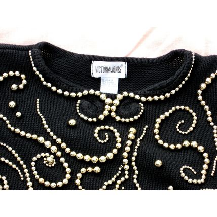 Womens Victoria Jones Black Sweater L Large Gold Beading Ugly Interesting Heavy