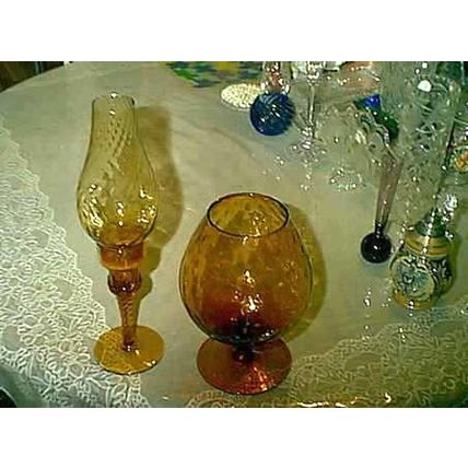 AMBER SPARKLING LARGE GOBLET BRANDY SNIFTER GLASS & 2 PIECE TAPER CANDLE HOLDER