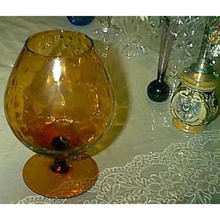 AMBER SPARKLING LARGE GOBLET BRANDY SNIFTER GLASS & 2 PIECE TAPER CANDLE HOLDER