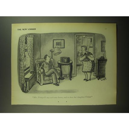 1946 Cartoon by Syd Hoff - Mrs. Feingold says welcome home, so does her daughter