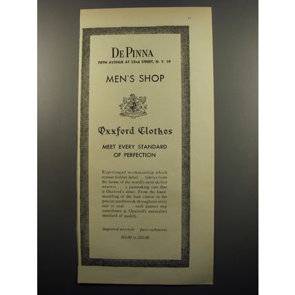 1950 De Pinna Oxford Clothes Ad - Meet every standard of perfection