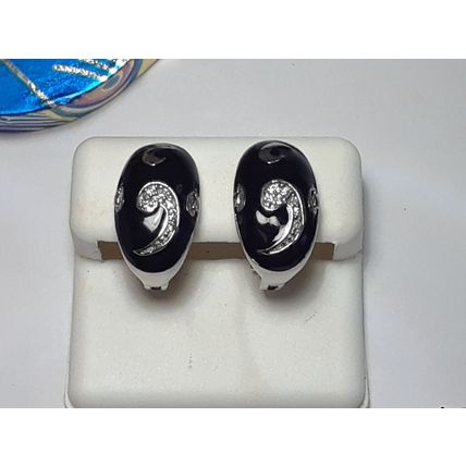 Estate .20ctw swirl CZ black emamel Sterling Silver Huggie Style Earrings #19173