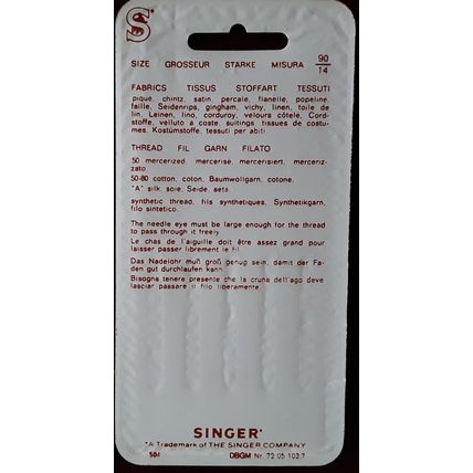 Singer sewing machine needles. Pack of 5 2020 90 14 for medium woven fabrics