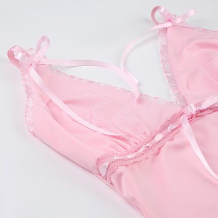 Ribbons Bow Patchwork Lace Crop Top Pink Coquette Aesthetic Slim-fit V-neck