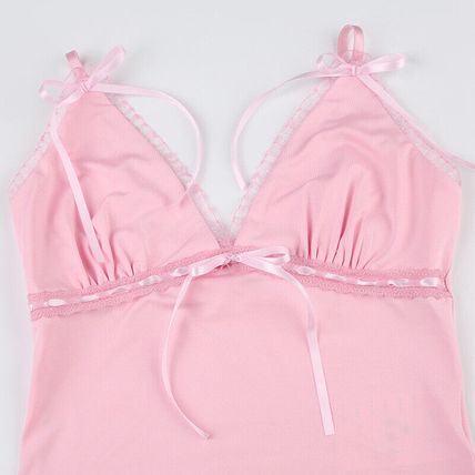 Ribbons Bow Patchwork Lace Crop Top Pink Coquette Aesthetic Slim-fit V-neck