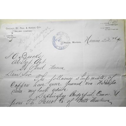 1890 Chicago St. Paul & Kansas City Railway Company letter - shipment of copper