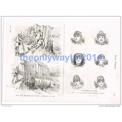 JAPANESE PRISONERS AND HAIR MESSAGES, CARTOON, BOOK ILLUSTRATION, 1895