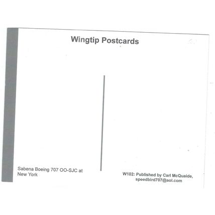 BOEING 707 AIRCRAFT SABENA AIR AT NEW YORK AIRPORT CARD NO W102