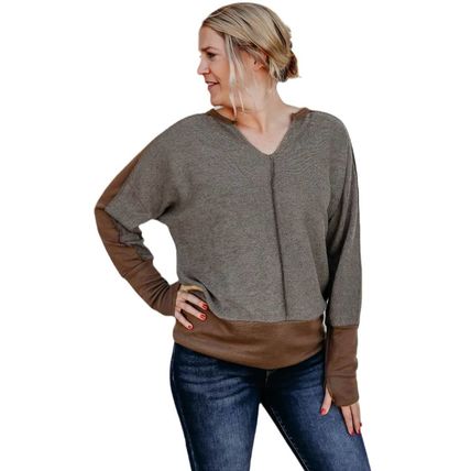 Brown Contrast Patchwork Thumbhole Sleeve Top