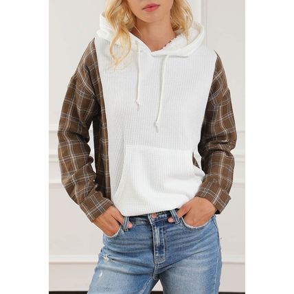 White Waffle Patch Plaid Sleeve Kangaroo Pocket Hoodie
