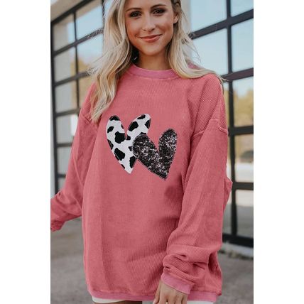 Strawberry Pink Leopard Sequin Heart Graphic Corded Sweatshirt