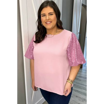 Pink Contrast Sequin Bubble Sleeve Plus Size T-shirt