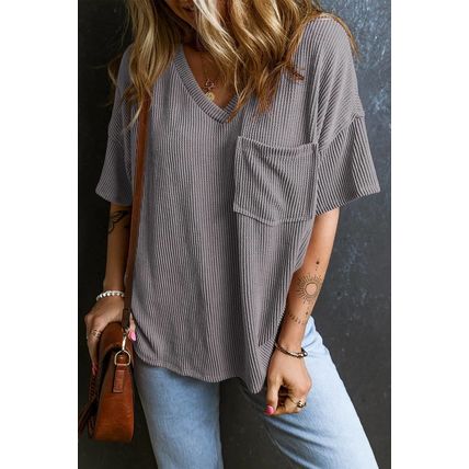 Light Grey Corded V Neck Chest Pocket Loose T-shirt