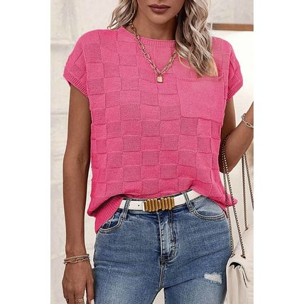 Bright Pink Lattice Textured Knit Short Sleeve Sweater