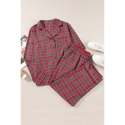 Red Plaid Printed Shirt and Pants Plus Size Lounge Set