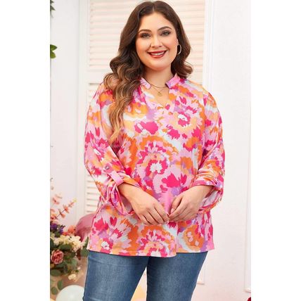 Pink Plus Size Abstract Floral Print V Neck Blouse