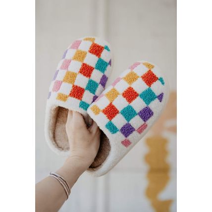 White Vibrant Checkered Plush Thermal Slippers