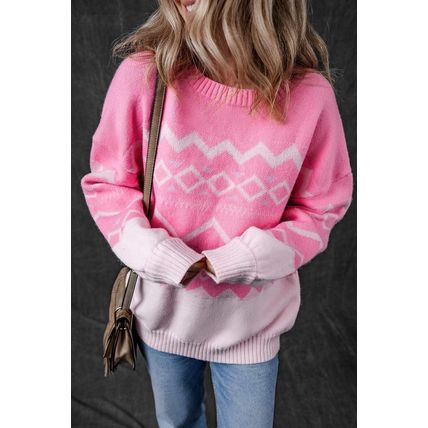 Pink Western Aztec Geometric Drop Shoulder Sweater