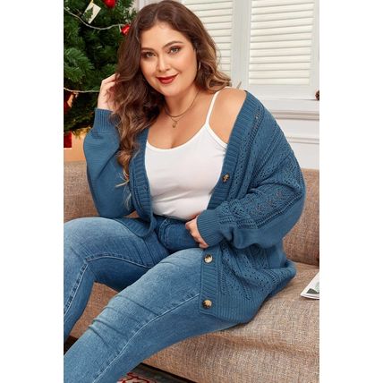 Real Teal Open Knit V Neck Button Front Drop Shoulder Plus Size Cardigan