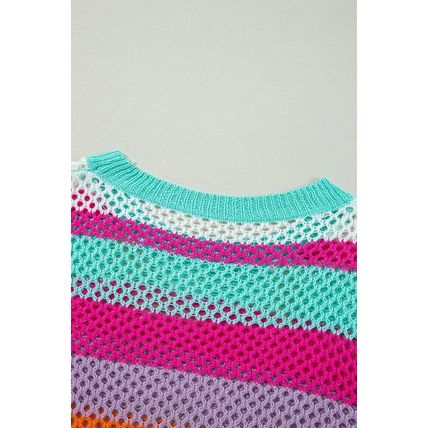 Rose Red Colorblock Patchwork Knit Crochet Eyelet Sweater