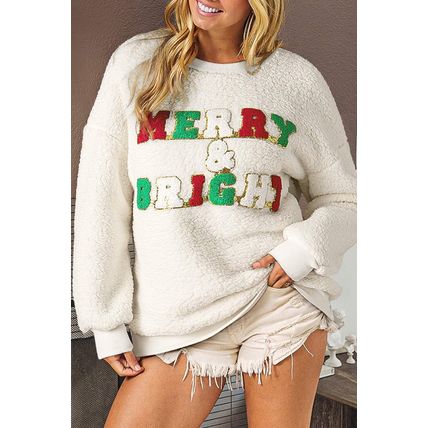 White Christmas MERRY & Bright Chenille Graphic Sherpa Sweatshirt