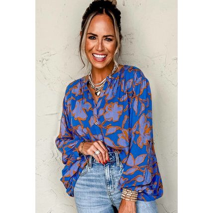 Blue Floral Print Batwing Sleeve Buttoned Loose Fit Shirt
