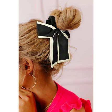 Color black Contrast Trim Satin Bow Knot Hair Scrunchie