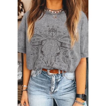Light Grey Western Steer Head Tie Dye Print Crew Neck T Shirt