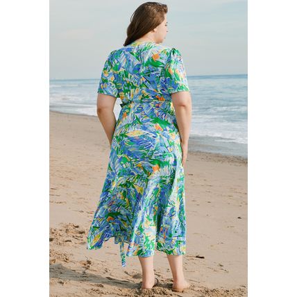 Green Leaves Print Short Sleeve Surplice Neck Ruffled Trim Plus Size Maxi Dress