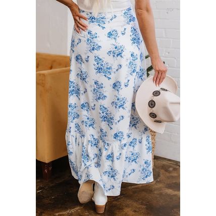 Sky Blue Boho Floral High Waist Ruffle Split Maxi Skirt
