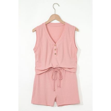 Gossamer Pink Ribbed Button V Neck Tank Top and Shorts Set