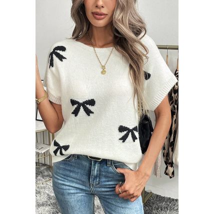 White Bow Pattern Knit Short Sleeve Sweater